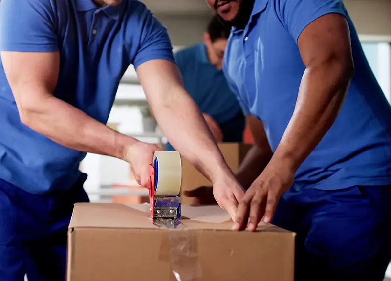 Umzugsprofis verpacken einen Umzugskarton