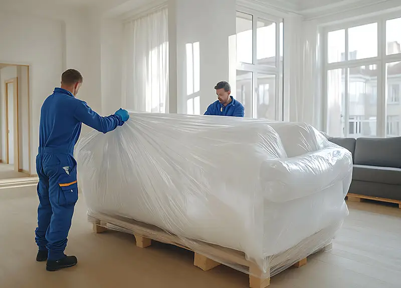 Zwei Umzugsprofis verpacken eine große weiße Couch