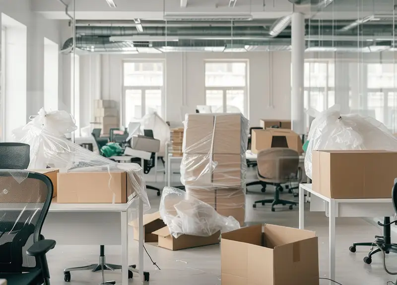Verpackte Büromöbel und Kartons warten in einem Büro auf Abtransport