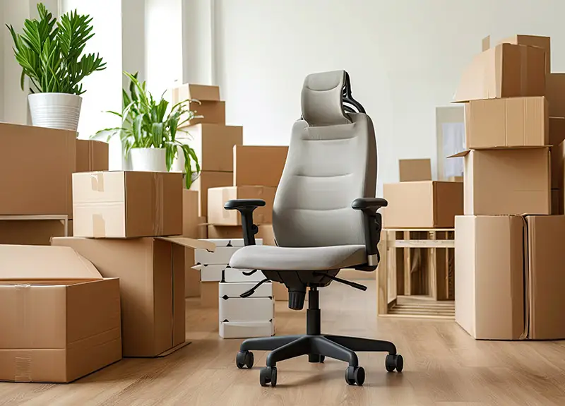 Ein Bürostuhl steht zwischen gefüllten Kartons in einem Büro
