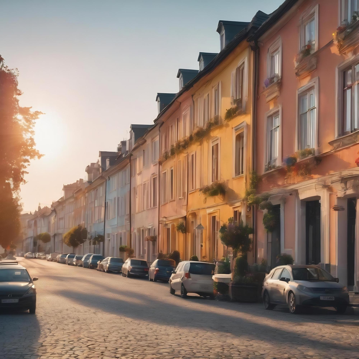 Sonnenbeschienene bunte Altbauhäuser an einer gepflasterten Straße.
