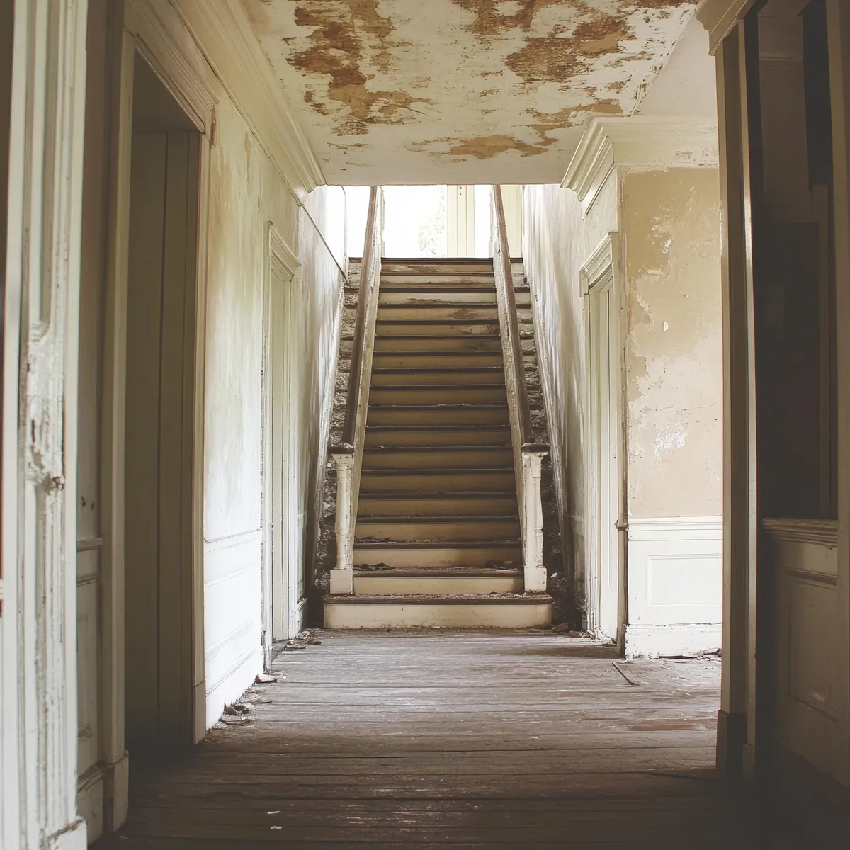 Verfallener Hausflur mit alter Holztreppe und abblätternder Farbe.