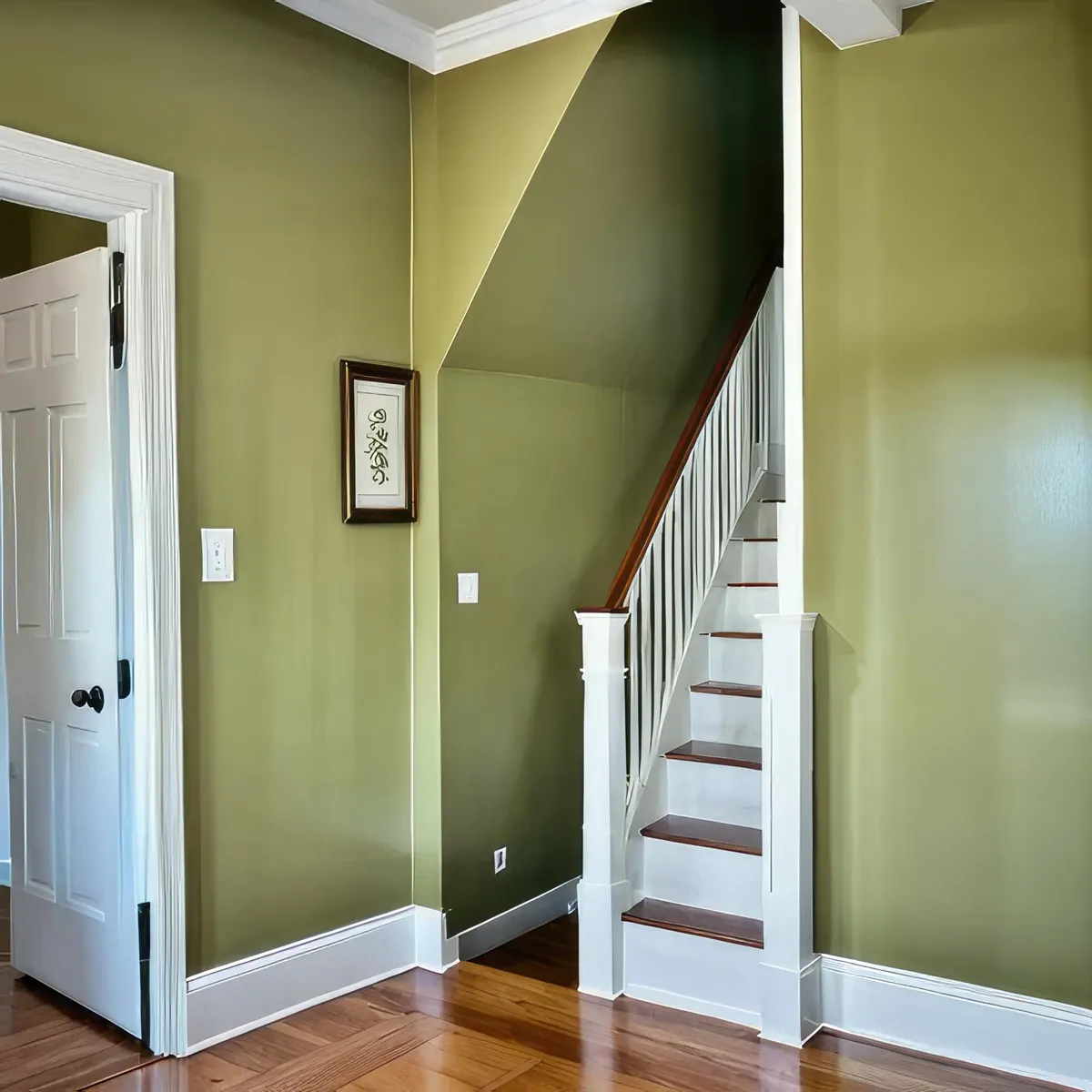Heller Hausflur mit grünen Wänden und Holztreppe.
