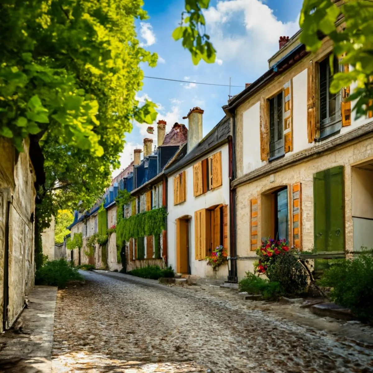 Malerische Kopfsteinpflasterstraße mit bunten Häusern in Frankreich.