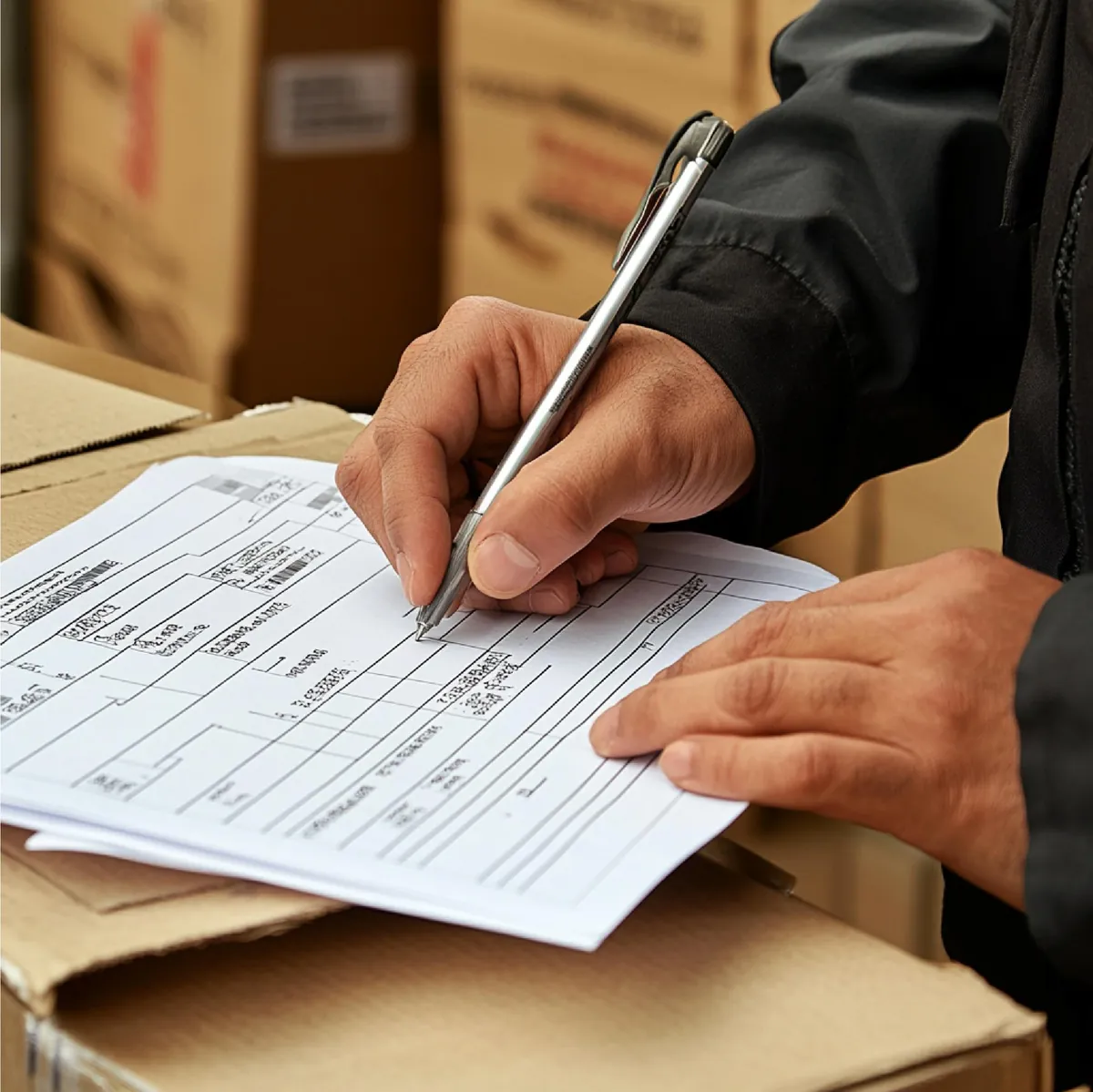 Person unterschreibt Lieferschein auf Kartonboxen im Lager.