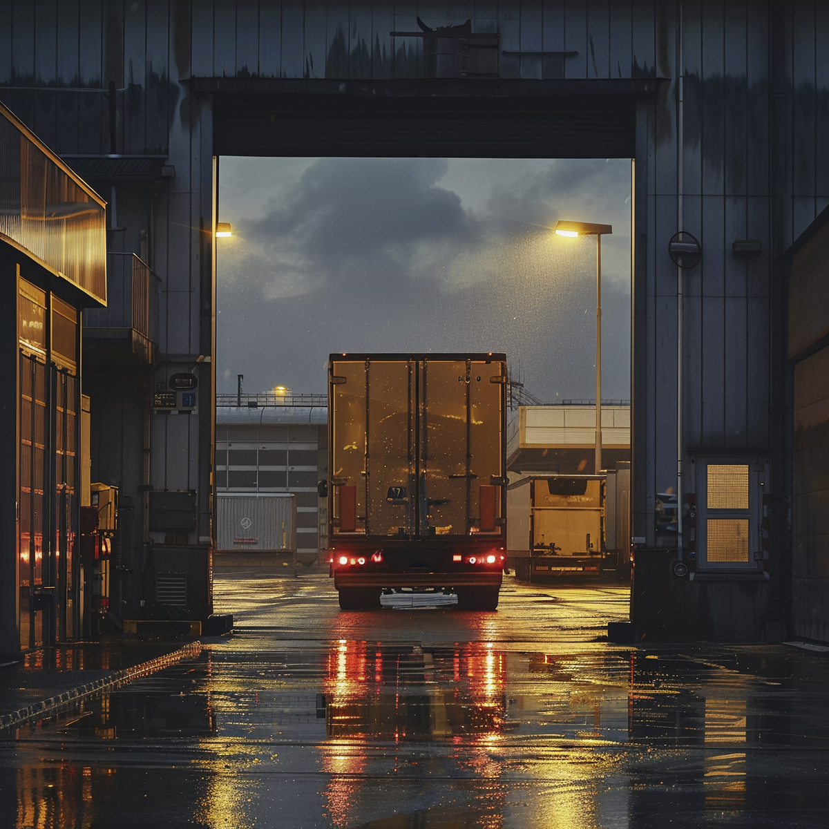 Ein LKW fährt bei Regen durch ein Industrietor.