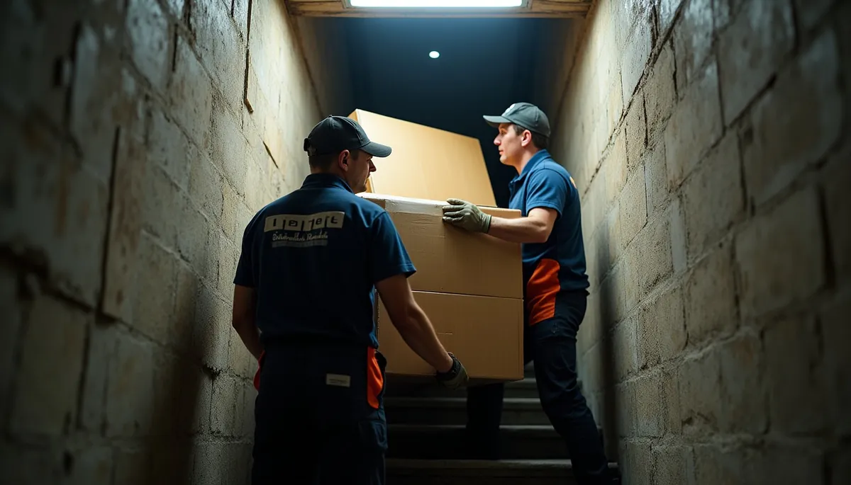 Zwei Möbelpacker tragen Kartons eine enge Treppe hinauf.