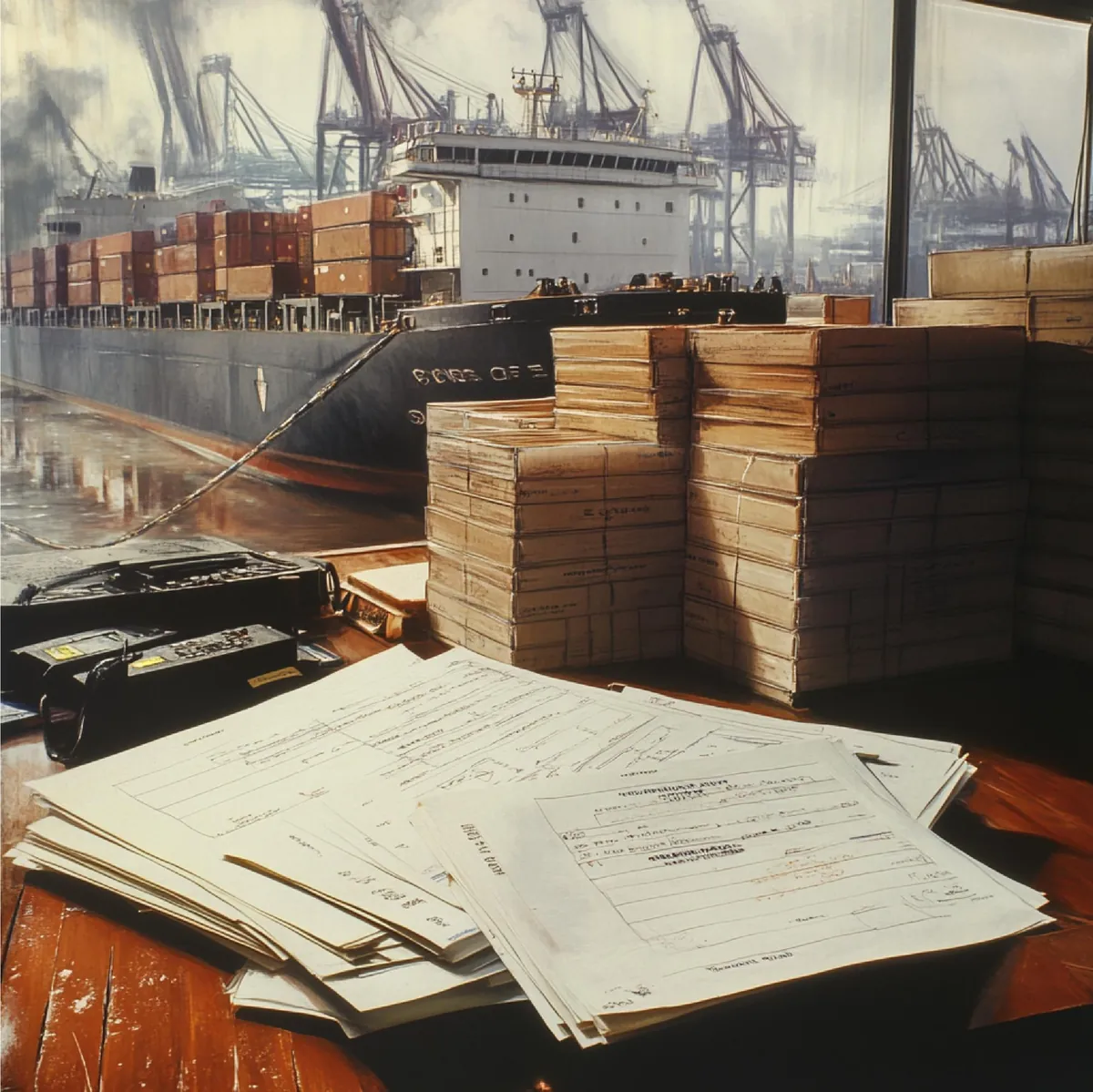 Hafenbüro mit Schiffspapieren, Frachtkisten und Containerschiff im Hintergrund.