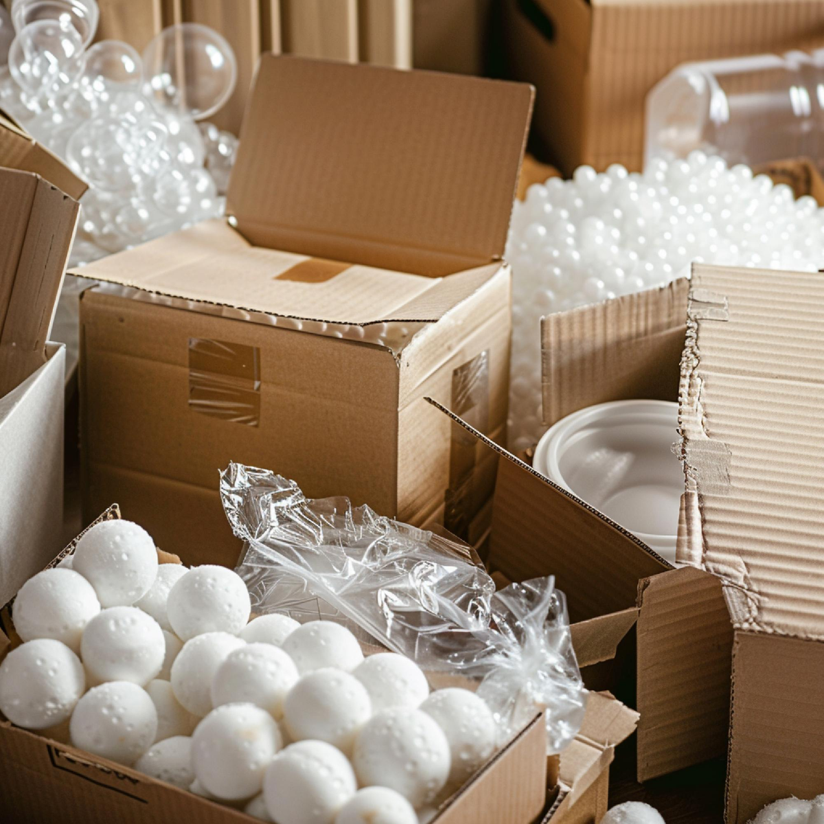Kartons mit Styroporkugeln und Verpackungsmaterial auf dem Boden.