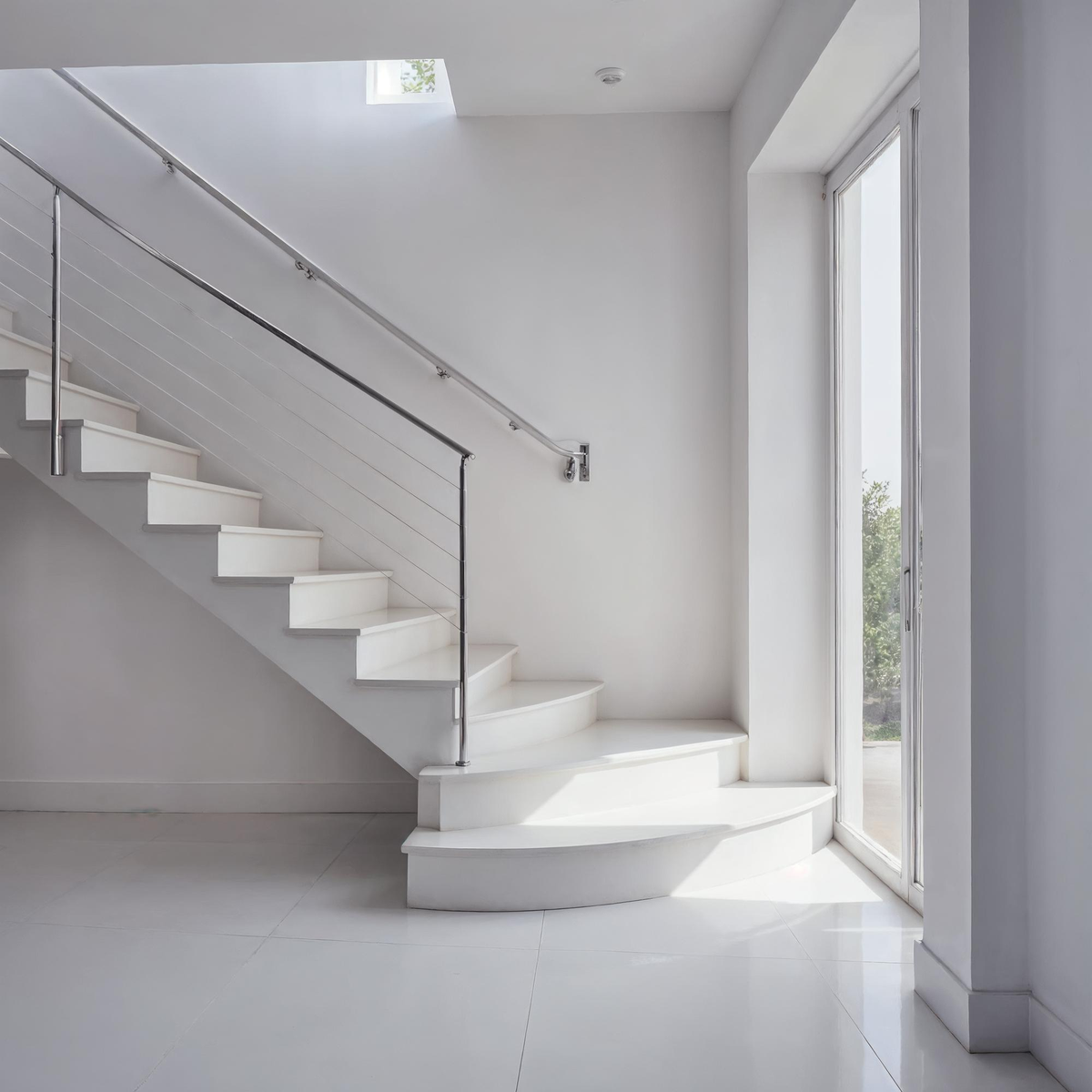 Moderne weiße Treppe mit Edelstahlgeländer in hellem Innenraum.