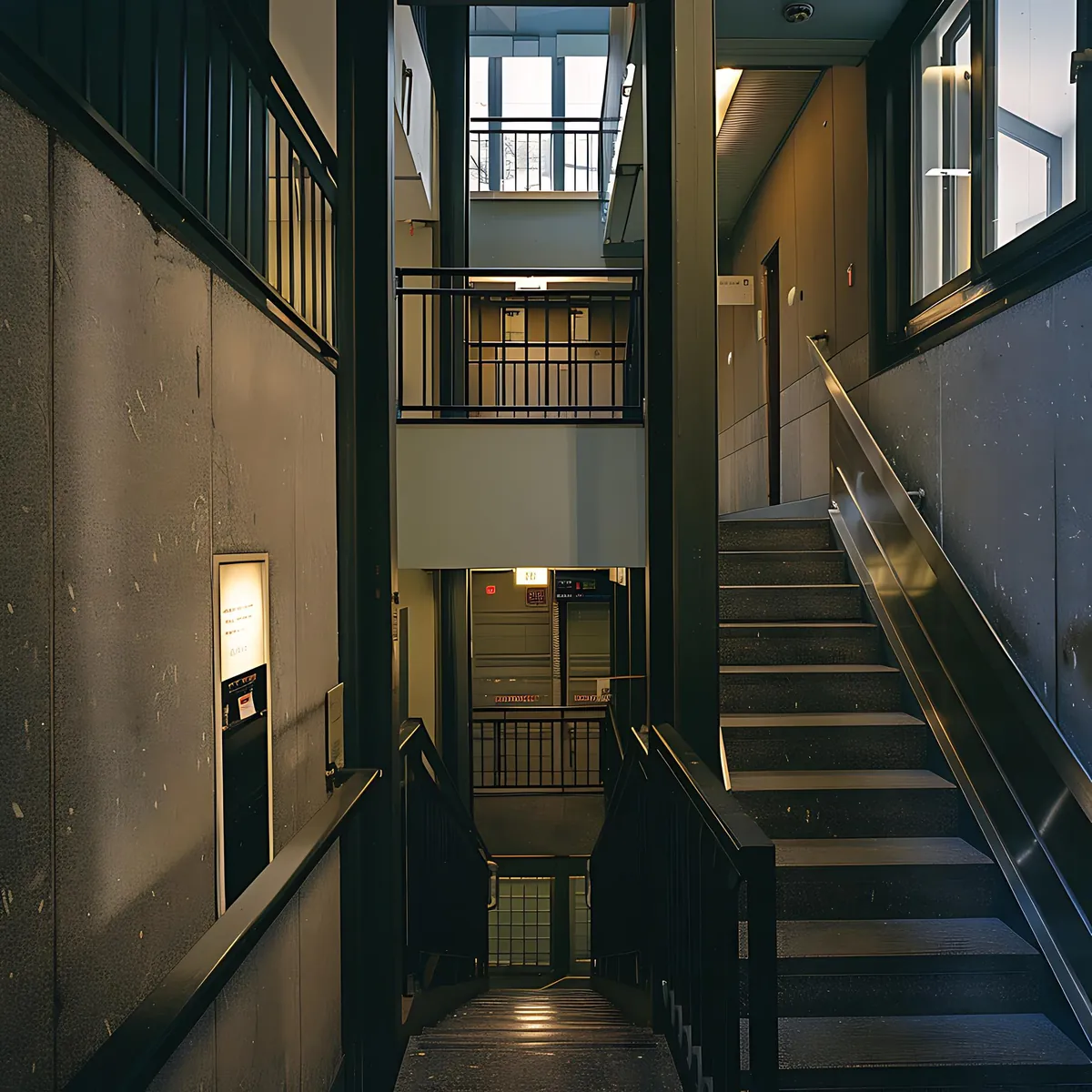 Mehrstöckiges Treppenhaus mit Metallgeländern und Industriecharakter.